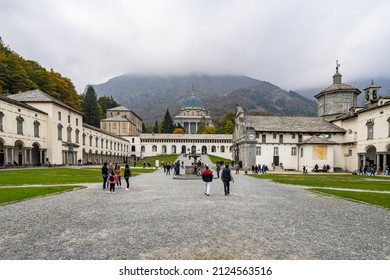 View of the sanctuary of Oropa a famous pilgrimage and tourist destination in Piedmont region. Oropa, Piedmont, Italy, Oct. 2021