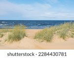 View of the sand dunes and Gulf of Bothnia on the background, Marjaniemi, Hailuoto, Finland