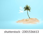 View of sandy beach with shells and palm tree with colored background