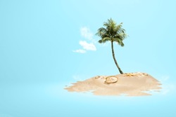 View Of Sandy Beach With Shells And Palm Tree With Colored Background