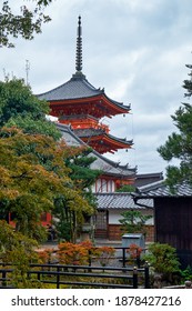 The view of Sanju-no-to (three-storied pagoda)  among the buildings of Kiyomizu-dera (Otowa-san) temple complex. Kyoto. Japan