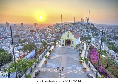 View Of The Santa Ana Chapel And The City Of Guayaquil, From The Top Of The Lighthouse On The Santa Ana Hill. Late Afternoon. Guayaquil, Ecuador.