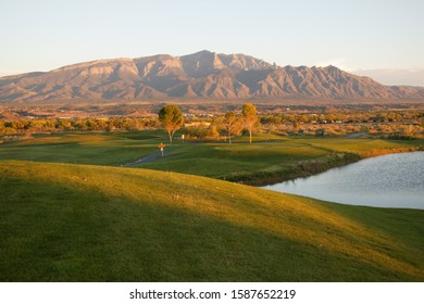 View Of A Santa Ana Golf Club And Sandia Mountains, Santa Ana Pueblo, New Mexico, USA