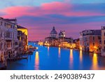 View of the Santa Maria della Salute dome in the Grand Canal at the evening, Venice, Italy