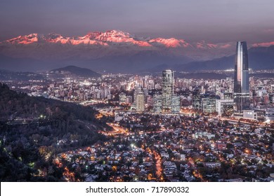 View of Santiago and Andes Mountains at Sunset from Cerro San Cristobal, Chile