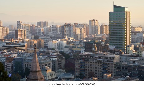 View to Santiago at sunset from Santa Lucia Hill. It is a the capital and largest city of Chile. - Shutterstock ID 653799490