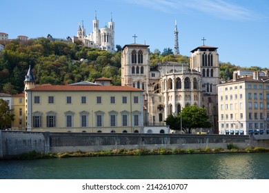 View from Saone river of Fourviere hill with Cathedral and Notre-Dame de Fourviere Basilica, Lyon, France