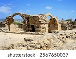 View at the Saranda Kolones ruins in Paphos Archaeological Park on the island of Cyprus, Mediterranean coast, Republic of Cyprus