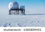 View of satellite dish from Amundsen Scott South Pole Station, Antarctica