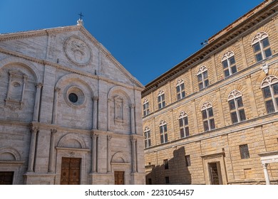 view of the scenic Cathedral of Pienza, Tuscany,  It is a Roman Catholic cathedral dedicated to the Assumption of the Virgin Mary