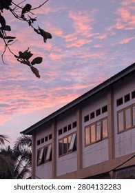 View of the school building at sunset 
