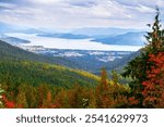 View from Schweitzer Mountain of the towns of Kootenai, Ponderay and Sandpoint, Idaho, along the shores of Lake Pend Oreille, in Sandpoint, Idaho.	