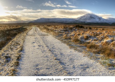 View Of Scottish Peatland With Mountain And Forestry Road, Forsinard Scotland/ 