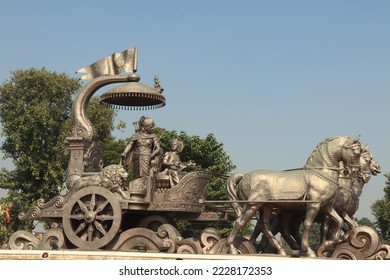 View of Sculpture of Chariot of Arjuna and Krishna depicting Gita Updesh  during Mahabharat War in Kurukshetra.