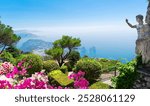 View of sea and garden from mount Solaro of Capri island, Italy, web banner with flowers