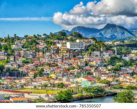 View from the sea of houses on hillsides in Fort-de-France, capital city of  Martinique, an overseas department of France. 
