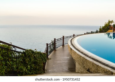 View Of The Sea And The Pool In The Turkish Hotel Utopia World. Alania. Turkey