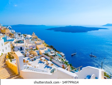 View to the sea and Volcano from Fira the capital of Santorini island in Greece