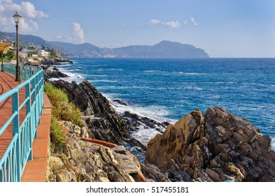 view from the seaside promenade in Genoa Nervi to the Ligurian coast and the hills of Portofino in the sea on a beautiful sunny day