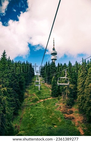 A view from the seated lift to the television tower Snejanka near by Pamporovo resort in Rhodopi mountain, Bulgaria.