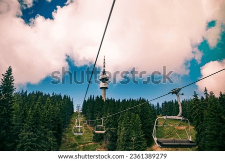 A view from the seated lift to the television tower Snejanka near by Pamporovo resort in Rhodopi mountain, Bulgaria.