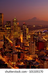 View Of Seattle With Mt. Rainier In Background.