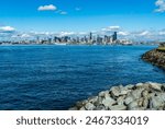A view of the Seattle skyline from Alki Beach in West Seattle, Washington.