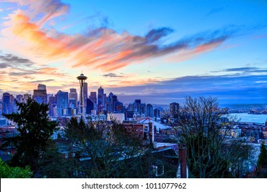 View of Seattle with the Space Needle on the left and Elliott Bay on the right