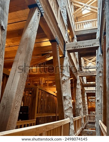 View of the second and third decks of the Ark Encounter showcasing beautiful architecture and natural wood