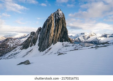 View of Segla mountain in Senja, Norway. Scenery of Majestic snow mountain with footprint on Segla hill in the morning at Senja Island, Norway