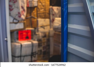 View of self storage warehouse, process of keeping and storing the goods and items in storage units, self-storage building, lock and key concept