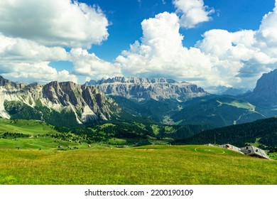 View of the Sella Group from the Seceda. Val Gardena, Italy. 
Seceda is a mountain at the foot of the Odle group, located in Val Gardena, above the town of Ortisei.