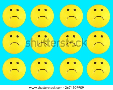 view of set yellow poor face with unhappy concept isolated blue texture background for graphic design. sticker, icon, sign, emoji, illustration,element