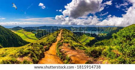 View of Sete Cidades near Miradouro da Grota do Inferno viewpoint, Sao Miguel Island, Azores, Portugal. Grota do Inferno viewpoint at Sete Cidades on Sao Miguel Island, Azores, Portugal.