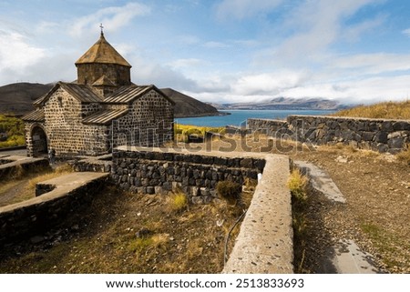 View of Sevanavank in Armenia, a monastic complex located on a peninsula at the shore of Lake Sevan in the Gegharkunik Province of Armenia