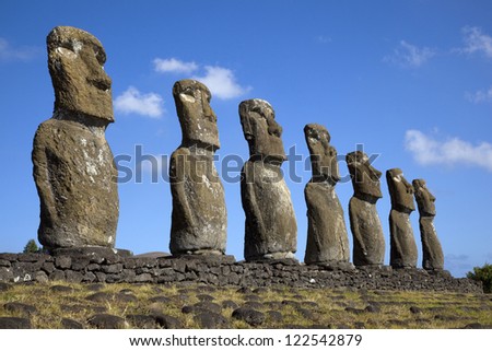 View of seven Ahu Akivi Moai, which are the only Moai to face the sea, Rapa Nui, Easter Island, Chile.