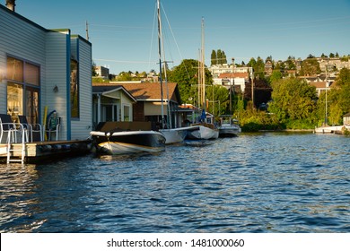 A View Of Several House Boats On South Lake Union In Seattle Washington