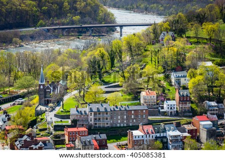 View of the Shenandoah River and Harpers Ferry from Maryland Heights, in Harpers Ferry, West Virginia.