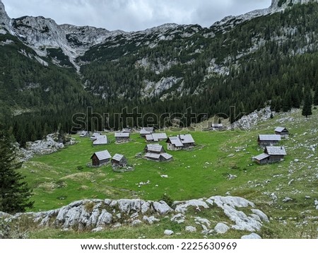 View of shepperd huts on the pasture of Planina v Lazu in the Julian Alps, Triglav National Park