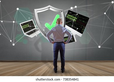 View of a Shield symbol surrounded by devices and network displayed on a futuristic interface 
