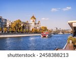 View from the ship Volna along the Moscow River, Cathedral of Christ the Savior, Kremlin, Zaryadye Park, Moscow
