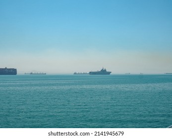 View Of Ships At Anchor In The Great Bitter Lake The Halfway Point Of The Suez Canal