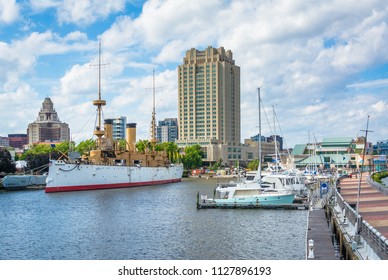 View Of Ships And Buildings At Penns Landing, In Philadelphia, Pennsylvania.