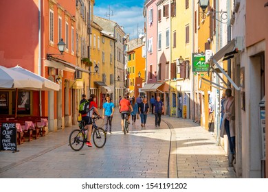 View Of Shops And People In Colourful Old Town, Rovinj, Istria, Croatia, Adriatic, Europe 1-10-19