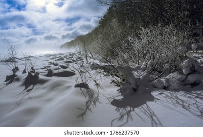 View From The Shores Of The Lake Michigan After A January Snowstorm