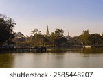 View of the Shwedagon Pagoda from Kandawgyi Lake in Yangon Myanmar