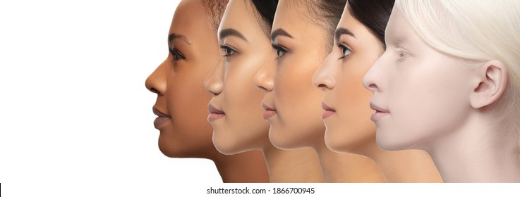 View From Side. Multi-ethnic Beauty. Collage Of Different Ethnicity And Beautiful Young Women Isolated On White Background. Flyer For Ad. Concept Of Beauty, Fashion, Healthcare, Skincare.