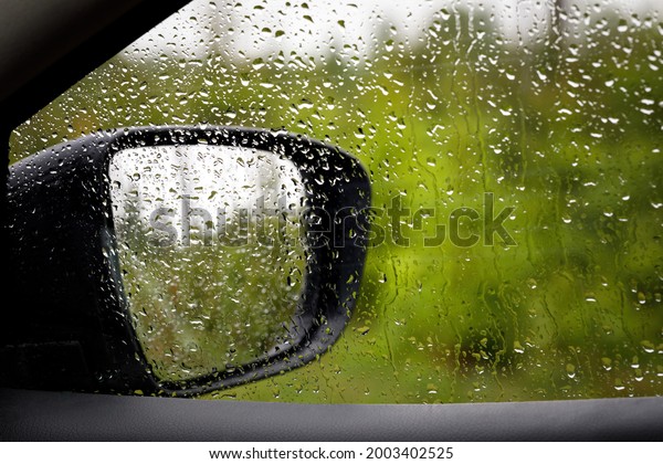 View of the\
side window and rearview mirror from the car interior in the\
forest. Raindrops on the glass and\
mirror.