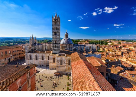 View of Siena Cathedral (Duomo di Siena) and Piazza del Duomo in Siena, Italy. Siena is capital of province of Siena. Historic centre of Siena has been declared by UNESCO a World Heritage Site

