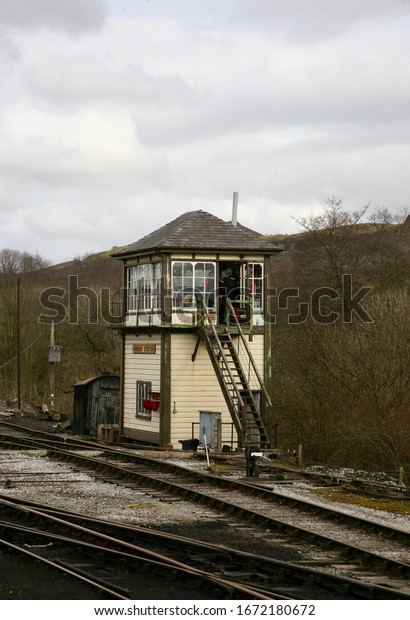 A view of the signal box at Embsay railway station,\
Embsay, Skipton, North Yorkshire, England, Europe on Saturday, 7th,\
March, 2020